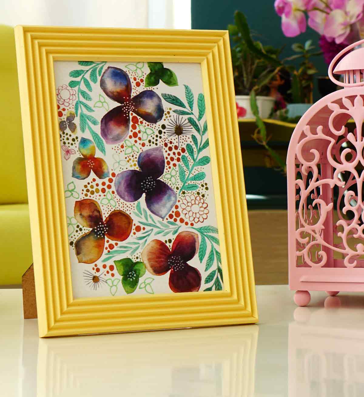 Açık Sarı El Yapımı Çizgili Ahşap Fotoğraf Çerçevesi 15x21 cm