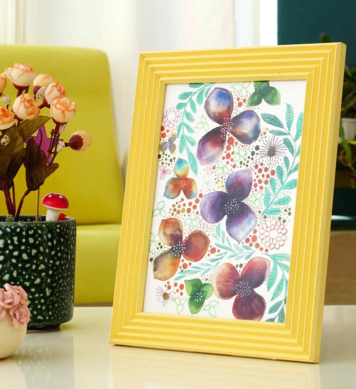 Açık Sarı El Yapımı Çizgili Ahşap Fotoğraf Çerçevesi 15x21 cm