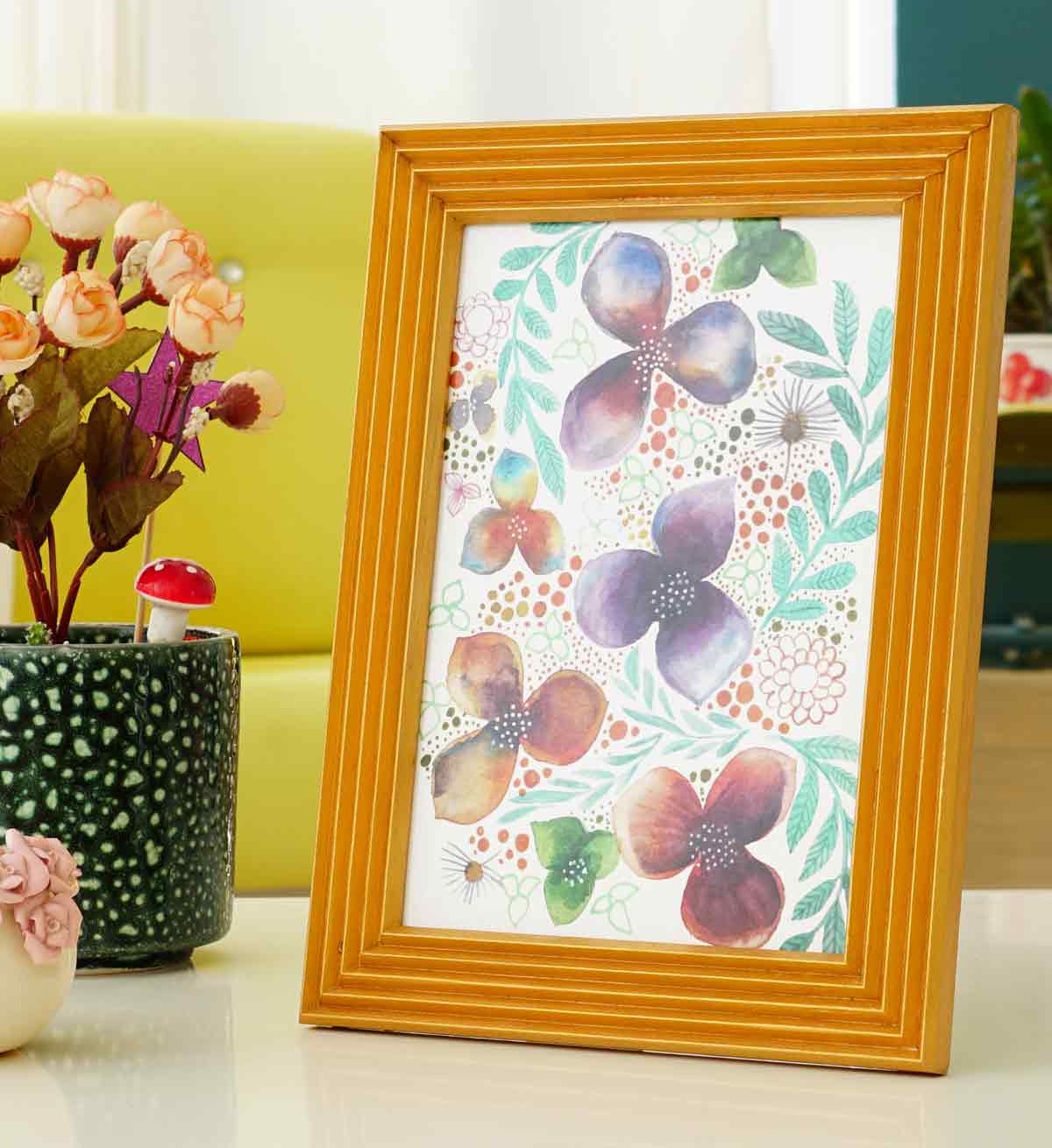 Fotoğraf Çerçevesi Altın Sarısı El Yapımı Çizgili Ahşap 15x21 cm