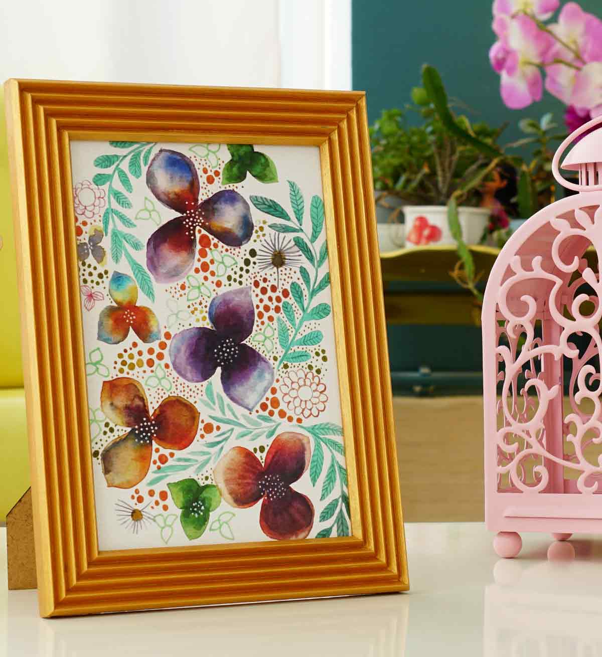 Fotoğraf Çerçevesi Altın Sarısı El Yapımı Çizgili Ahşap 15x21 cm