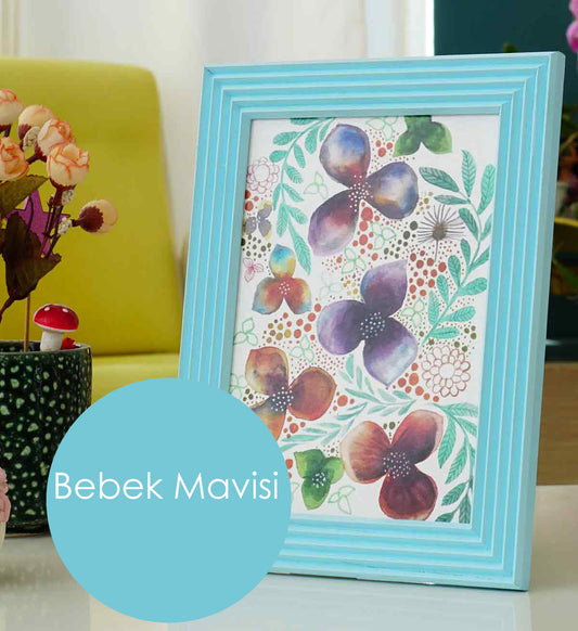 Fotoğraf Çerçevesi Bebek Mavisi El Yapımı Çizgili Ahşap 15x21 cm