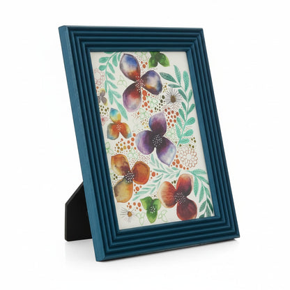 Renkli Kareler blue handmade striped wooden photo frame 15x21 cm with floral art