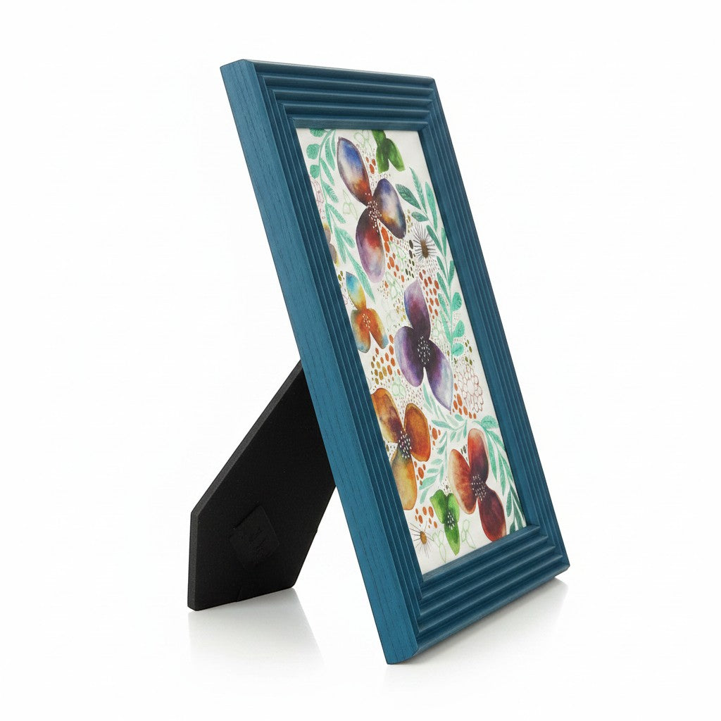 Renkli Kareler blue handmade wooden photo frame with floral print, 15x21 cm