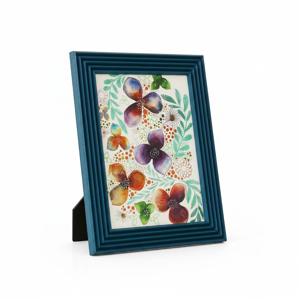 Renkli Kareler teal blue striped wooden photo frame with floral art, 15x21 cm