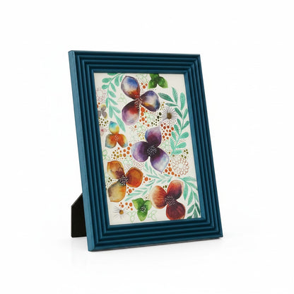 Renkli Kareler teal blue striped wooden photo frame with floral art, 15x21 cm